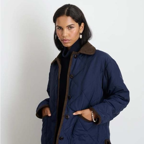 Alex Mill Women’s Barn Jacket. Navy Blue and Brown Quilted Utility Jacket. - Picture 2 of 7
